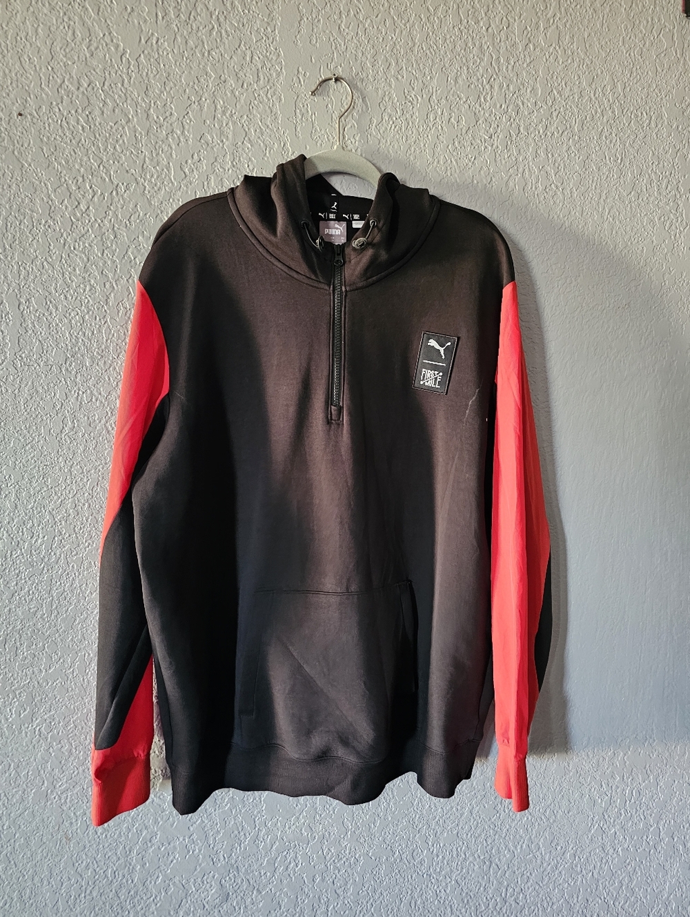 Puma Men’s Black Zip-Up Hoodie with Red Sleeves